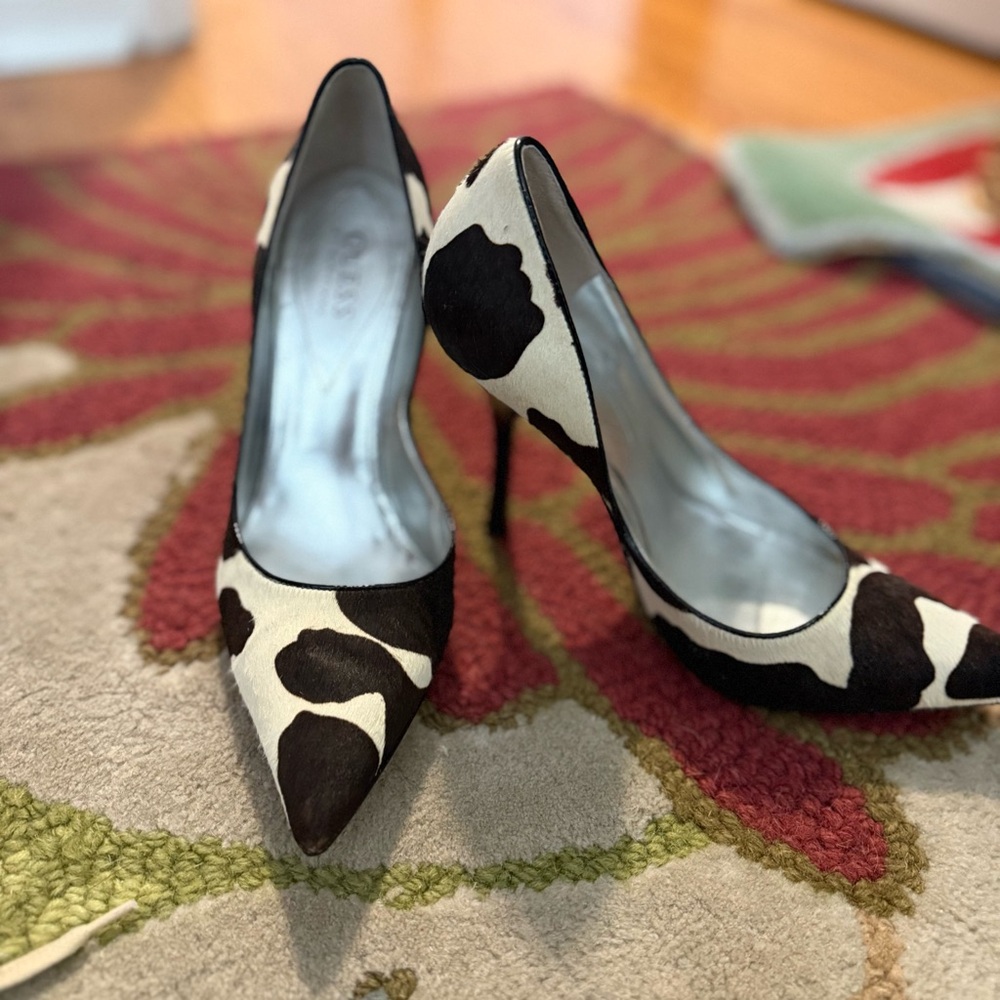 Guess by Marciano Black and White Cow Print Heels